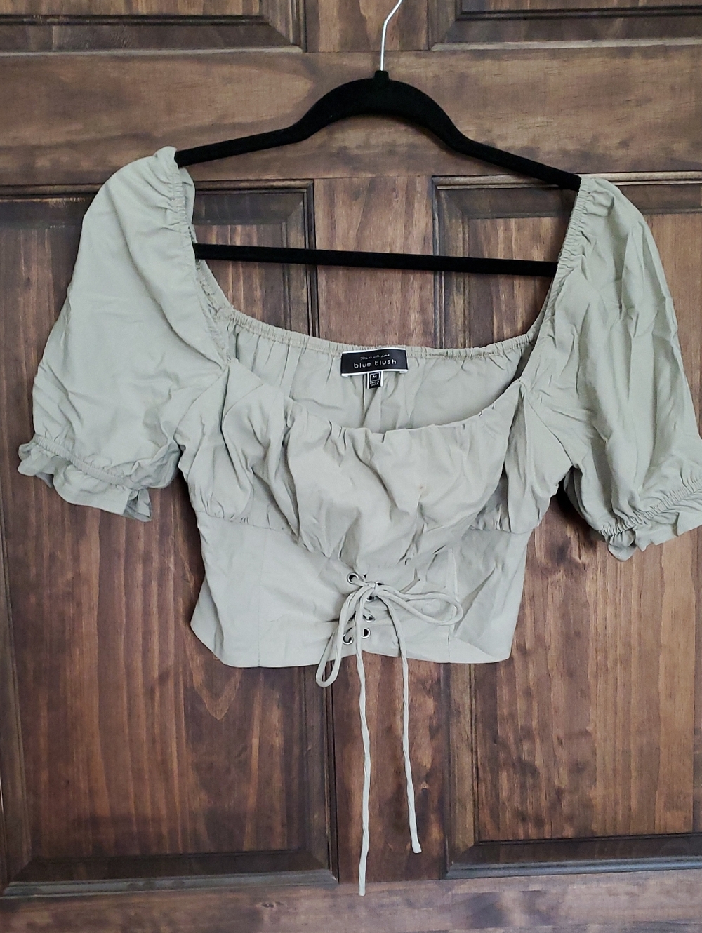 Blue Blush Sage Lace-Up Puff Sleeve Crop Top